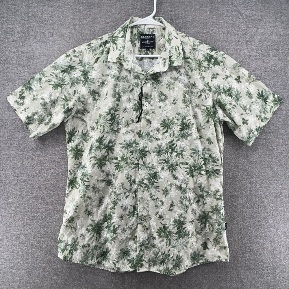Barabas Short Sleeve Shirt Men Size XL Green Floral Embroidery Casual Cotton